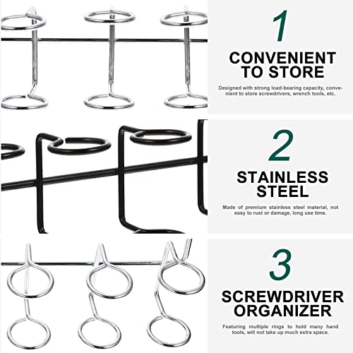 Housoutil 4Pack Pegboard Screwdriver Holders, Six- Tool Multi- Tool Organizer Racks, Stainless Steel Peg Board Tool Utility Hooks for Your Workbench, Garage, Tool Shed, or Craft Room (Black& Silver)