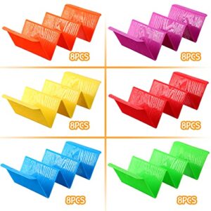 Nuogo 48 Packs Colorful Taco Holder Stands Plastic Large Taco Tray Plates Hold 2 or 3 Tacos Each Rack Server Hard Tortilla Holder for Party Platter Rack Dishwasher Microwave Safe