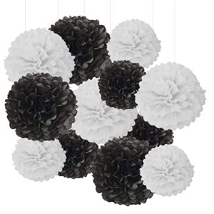 black and white tissue paper pom poms hanging tissue flowers poms decorations pack of 12 for wedding, birthday,party backdrop decor ect. (12", 10",tissue paper flowers)