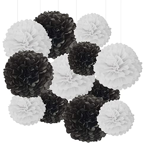 Black and White Tissue Paper Pom Poms Hanging Tissue Flowers Poms Decorations Pack of 12 for Wedding, Birthday,Party Backdrop Decor ect. (12", 10",Tissue Paper Flowers)