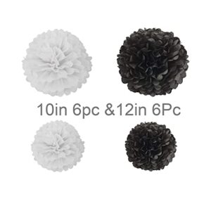 Black and White Tissue Paper Pom Poms Hanging Tissue Flowers Poms Decorations Pack of 12 for Wedding, Birthday,Party Backdrop Decor ect. (12", 10",Tissue Paper Flowers)