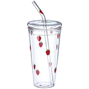 xidajie 17oz large glass water bottle with straw lid clear water bottle with straw strawberry cup strawberry water bottle kawaii cups for coffee juice drinking water mug