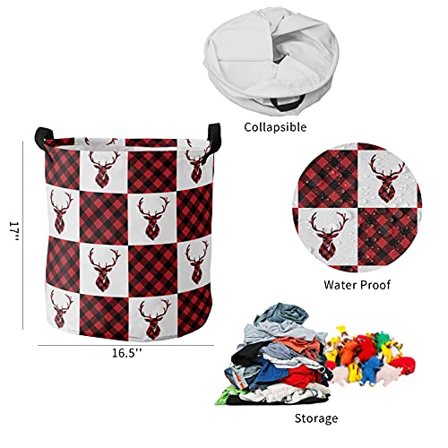 Laundry Basket Christmas Elk Red Buffalo Lattice,Waterproof Collapsible Clothes Hamper Antlers Black Plaid,Large Storage Bag for Bedroom Bathroom 60L