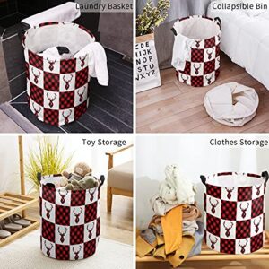 Laundry Basket Christmas Elk Red Buffalo Lattice,Waterproof Collapsible Clothes Hamper Antlers Black Plaid,Large Storage Bag for Bedroom Bathroom 60L