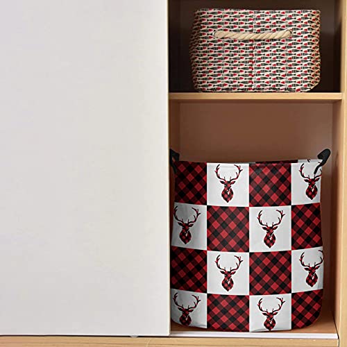 Laundry Basket Christmas Elk Red Buffalo Lattice,Waterproof Collapsible Clothes Hamper Antlers Black Plaid,Large Storage Bag for Bedroom Bathroom 60L