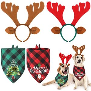 4 pieces christmas dog bandanas and reindeer antlers headband set, with 2 christmas dog headband 2 buffalo plaid pets scarf xmas triangle bibs kerchief for medium large dogs pets costume accessories