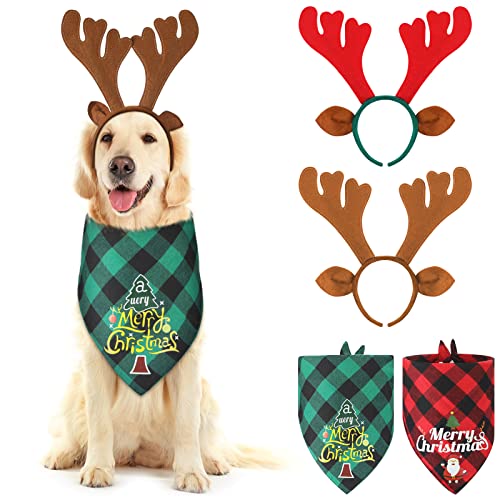 4 Pieces Christmas Dog Bandanas and Reindeer Antlers Headband Set, with 2 Christmas Dog Headband 2 Buffalo Plaid Pets Scarf Xmas Triangle Bibs Kerchief for Medium Large Dogs Pets Costume Accessories