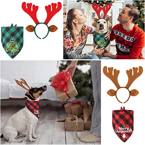 4 Pieces Christmas Dog Bandanas and Reindeer Antlers Headband Set, with 2 Christmas Dog Headband 2 Buffalo Plaid Pets Scarf Xmas Triangle Bibs Kerchief for Medium Large Dogs Pets Costume Accessories