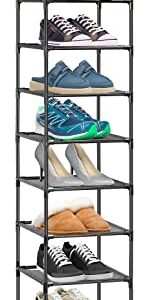 10 Tiers Shoe Rack Narrow Tall Shoe Shelf for Entryway Holds 10 Pairs Shoes, Space Saving Vertical Single Pairs Shoe Storage Organizer for Closet Bedroom Hallway (Black)