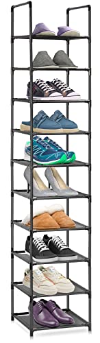 10 Tiers Shoe Rack Narrow Tall Shoe Shelf for Entryway Holds 10 Pairs Shoes, Space Saving Vertical Single Pairs Shoe Storage Organizer for Closet Bedroom Hallway (Black)