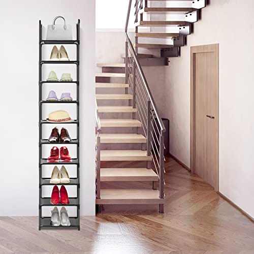 10 Tiers Shoe Rack Narrow Tall Shoe Shelf for Entryway Holds 10 Pairs Shoes, Space Saving Vertical Single Pairs Shoe Storage Organizer for Closet Bedroom Hallway (Black)