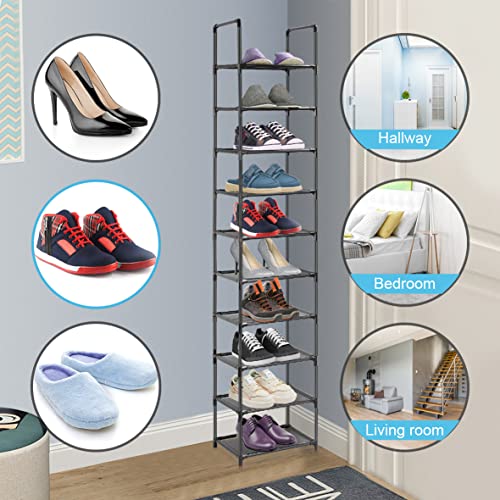 10 Tiers Shoe Rack Narrow Tall Shoe Shelf for Entryway Holds 10 Pairs Shoes, Space Saving Vertical Single Pairs Shoe Storage Organizer for Closet Bedroom Hallway (Black)