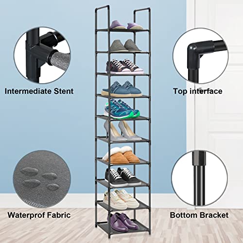 10 Tiers Shoe Rack Narrow Tall Shoe Shelf for Entryway Holds 10 Pairs Shoes, Space Saving Vertical Single Pairs Shoe Storage Organizer for Closet Bedroom Hallway (Black)