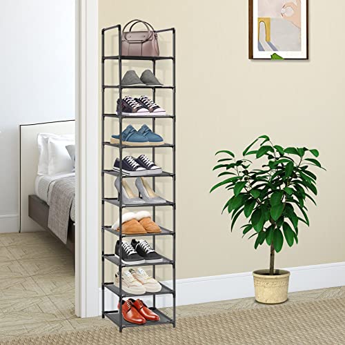 10 Tiers Shoe Rack Narrow Tall Shoe Shelf for Entryway Holds 10 Pairs Shoes, Space Saving Vertical Single Pairs Shoe Storage Organizer for Closet Bedroom Hallway (Black)