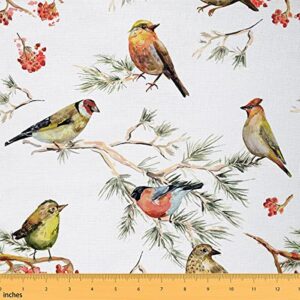 bird fabric by the yard, branches upholstery fabric, leaves floral decorative fabric, wildlife animals botanical indoor outdoor fabric, flower diy art waterproof fabric, green red, 1 yard