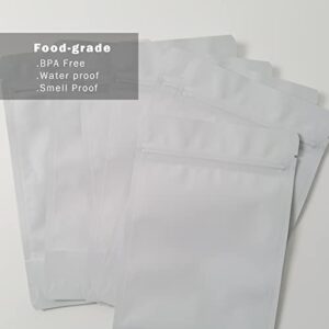 100 Pack Mylar Bags for Food Storage - 5.3 mil,5.1x8.2 inches - Matte White Stand Up Resealable Packaging Pouch