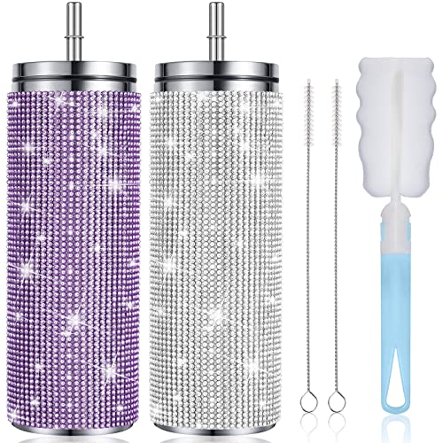 2 Pcs Bling Tumbler 20oz Rhinestone Cup Glitter Diamond Bottle with Lid and Straw Rhinestones Stainless Steel Glitter Thermal Water Bottle Diamond Straw Cup for Women (Silver, Purple)