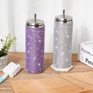 2 Pcs Bling Tumbler 20oz Rhinestone Cup Glitter Diamond Bottle with Lid and Straw Rhinestones Stainless Steel Glitter Thermal Water Bottle Diamond Straw Cup for Women (Silver, Purple)