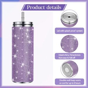 2 Pcs Bling Tumbler 20oz Rhinestone Cup Glitter Diamond Bottle with Lid and Straw Rhinestones Stainless Steel Glitter Thermal Water Bottle Diamond Straw Cup for Women (Silver, Purple)