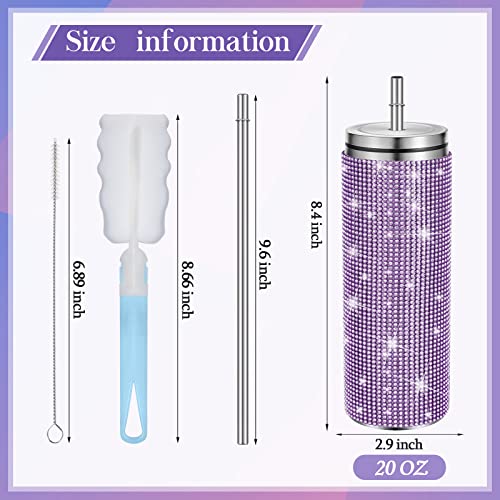 2 Pcs Bling Tumbler 20oz Rhinestone Cup Glitter Diamond Bottle with Lid and Straw Rhinestones Stainless Steel Glitter Thermal Water Bottle Diamond Straw Cup for Women (Silver, Purple)