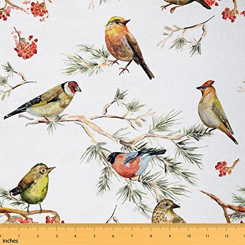 Bird Fabric by The Yard, Branches Upholstery Fabric, Leaves Floral Decorative Fabric, Wildlife Animals Botanical Indoor Outdoor Fabric, Flower DIY Art Waterproof Fabric, Green Red, 2 Yards