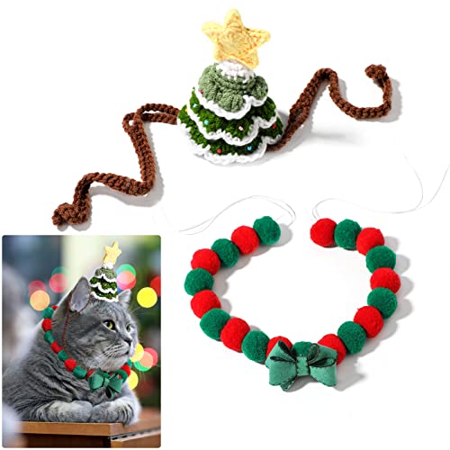 NVTED Pet Costume for Christmas, Cat Santa Hat with Scarf Red Green Collar Puppy Bib Xmas Pet Costume Accessories for Cat Small Medium Dogs