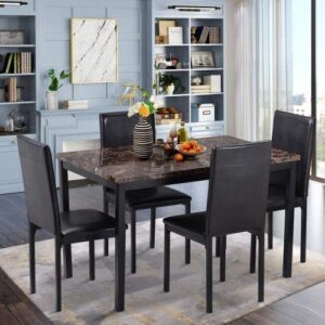 moeo furniture 5 piece kitchen and dining table set for 4, faux marble top diningtable with 4 pu leather chairs, breakfast nook, bar, living room, black 2