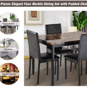 MOEO Furniture 5 Piece Kitchen and Dining Table Set for 4, Faux Marble Top Diningtable with 4 PU Leather Chairs, Breakfast Nook, Bar, Living Room, Black 2