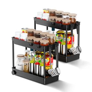 2- tier shelf under sink organizer, roll out under sink storage with 4 hooks & 4 anti-slip pads, easy to assemble, suitable for kitchen, bathroom and laundry (2 pack, black)