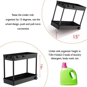 2- Tier Shelf Under Sink Organizer, Roll Out Under Sink Storage with 4 Hooks & 4 Anti-Slip Pads, Easy to Assemble, Suitable for Kitchen, Bathroom and Laundry (2 Pack, Black)