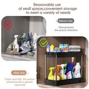 2- Tier Shelf Under Sink Organizer, Roll Out Under Sink Storage with 4 Hooks & 4 Anti-Slip Pads, Easy to Assemble, Suitable for Kitchen, Bathroom and Laundry (2 Pack, Black)