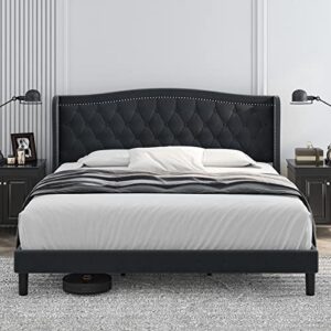 hostack queen size bed frame, modern upholstered platform bed with wingback headboard, heavy duty button tufted bed frame with wood slat support, easy assembly, no box spring needed(gray, queen)