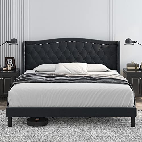 HOSTACK Queen Size Bed Frame, Modern Upholstered Platform Bed with Wingback Headboard, Heavy Duty Button Tufted Bed Frame with Wood Slat Support, Easy Assembly, No Box Spring Needed(Gray, Queen)