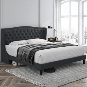 HOSTACK Queen Size Bed Frame, Modern Upholstered Platform Bed with Wingback Headboard, Heavy Duty Button Tufted Bed Frame with Wood Slat Support, Easy Assembly, No Box Spring Needed(Gray, Queen)