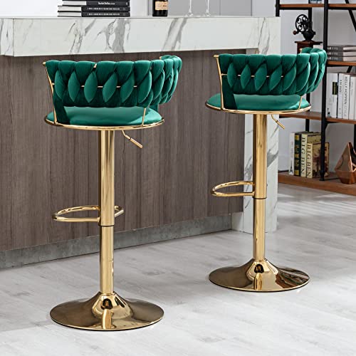 Velvet Swivel Barstools Set of 2, Modern Stool Chair with Back, Adjustable Counter Height Bar Chairs, Bar Stool for Kitchen Pub, Kitchen,Café, Dining Chairs, Cyber Celebrity Recommend (Green)