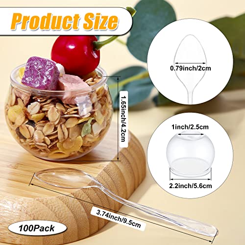 100 Pieces 2 oz Sphere Plastic Dessert Cups Mini Dessert Cups with Spoons Disposable Round Appetizer Cups Clear Parfait Cups Small Plastic Bowls for Salad Wedding Event Birthday Party Serving