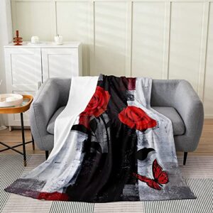 Erosebridal Red Rose Throw Blanket 50x60,Grunge Black White Ombre Flannel Blanket for Adult,Vintage Watercolor Artwork Fleece Blanket,Oil Painting Butterfly Floral Bed Blanket Bedroom Decor