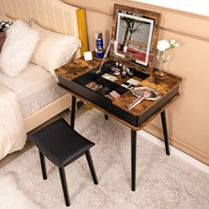 charmaid vanity desk with 3-color lighted flip top mirror, 6 storage compartments, side organizers, usb port, makeup dressing table set writing desk with cushioned stool, easy assembly, rustic brown