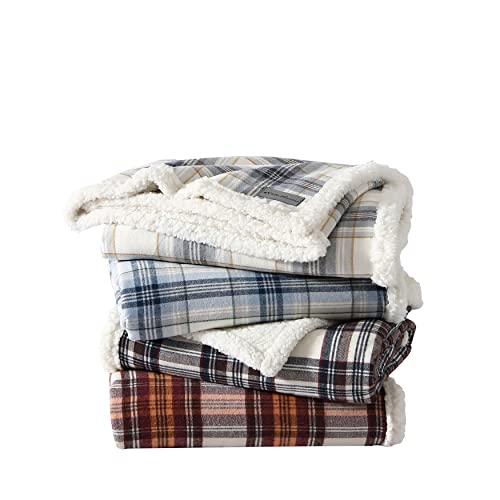 Eddie Bauer - Throw Blanket, Cotton Flannel Home Decor, All Season Reversible Sherpa Bedding (Edgewood Plaid Grey, Throw)