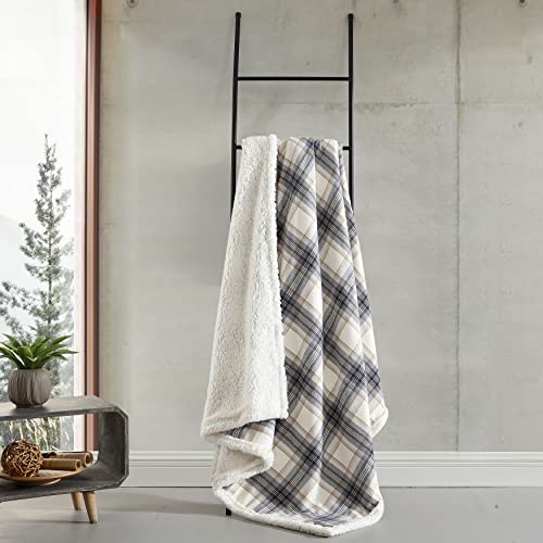 Eddie Bauer - Throw Blanket, Cotton Flannel Home Decor, All Season Reversible Sherpa Bedding (Edgewood Plaid Grey, Throw)