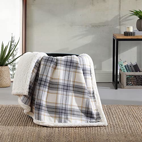 Eddie Bauer - Throw Blanket, Cotton Flannel Home Decor, All Season Reversible Sherpa Bedding (Edgewood Plaid Grey, Throw)