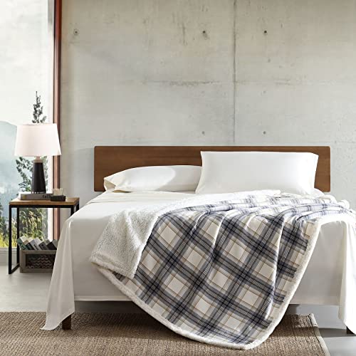 Eddie Bauer - Throw Blanket, Cotton Flannel Home Decor, All Season Reversible Sherpa Bedding (Edgewood Plaid Grey, Throw)