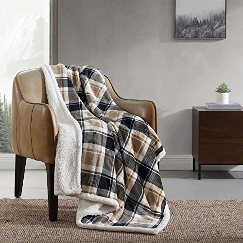 Eddie Bauer- Throw Blanket, Reversible Sherpa Fleece Bedding, Home Decor for All Seasons (Rugged Plaid Beige, Throw)