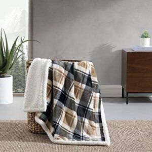 Eddie Bauer- Throw Blanket, Reversible Sherpa Fleece Bedding, Home Decor for All Seasons (Rugged Plaid Beige, Throw)