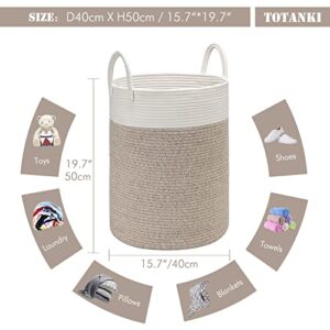 TOTANKI Large Cotton Rope Laundry Storage Basket - 15.7 Inches(D) x 19.7 Inches(H) - Collapsible Woven Basket with Durable Handles for Storing Clothing, Diapers, Toys (White/Brown)