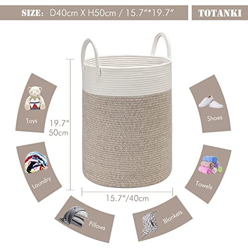 TOTANKI Large Cotton Rope Laundry Storage Basket - 15.7 Inches(D) x 19.7 Inches(H) - Collapsible Woven Basket with Durable Handles for Storing Clothing, Diapers, Toys (White/Brown)