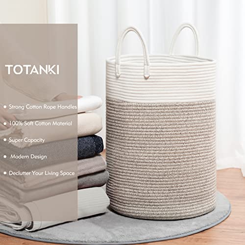 TOTANKI Large Cotton Rope Laundry Storage Basket - 15.7 Inches(D) x 19.7 Inches(H) - Collapsible Woven Basket with Durable Handles for Storing Clothing, Diapers, Toys (White/Brown)