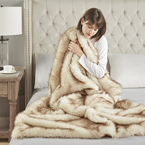 Hyde Lane Faux Fur Throw Blanket - Ultra Long Pile, Luxury Fluffy Fox Golden with Brown Tipped Blankets for Home Couch, Fuzzy Plush Animal Coat Color Throws for Decoration, 50x60