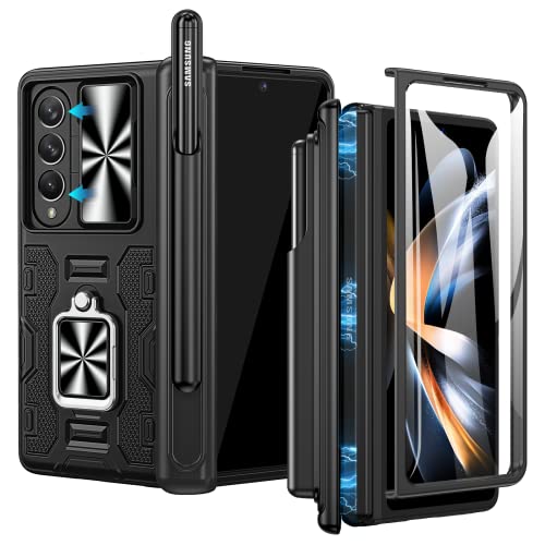 Caka for Z Fold 4 Case, Galaxy Z Fold 4 Case with Screen Protector & S Pen Holder, Kickstand Ring Stand Camera Cover & Hinge Protection Phone Case for Samsung Galaxy Z Fold 4 5G 2022-Black