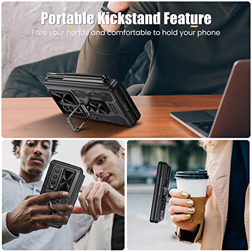 Caka for Z Fold 4 Case, Galaxy Z Fold 4 Case with Screen Protector & S Pen Holder, Kickstand Ring Stand Camera Cover & Hinge Protection Phone Case for Samsung Galaxy Z Fold 4 5G 2022-Black